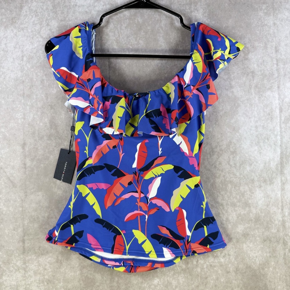 Tommy Hilfiger Womens Ruffle Tankini Top Providence‎ Blue Print Size XS Tropical
